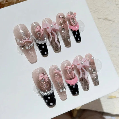 Black Pink Sweet French Almond Handmade Press On Nails Grid Polka Dot Love Skirt Ballet Fake Nails Princess Cute Bow Nail Art