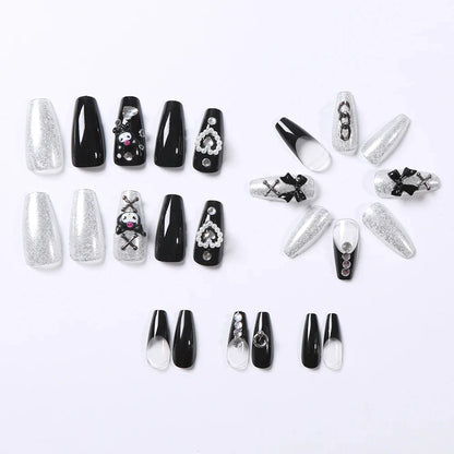 24Pcs 3D kuromi press on nails Y2K Cartoon Handmade Fake Nails Black Gel nail Wearable Nails Cinnamoroll Melody Anime False Nail