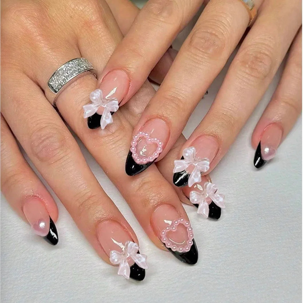 24pcs Long Ballet Press On Nails Black Cross Strap French Style Fake Naile With 3D Bowknot Decor Korean Reusable False Nail Tips