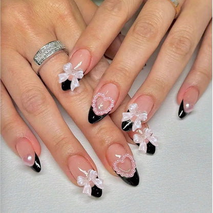24pcs Long Ballet Press On Nails Black Cross Strap French Style Fake Naile With 3D Bowknot Decor Korean Reusable False Nail Tips