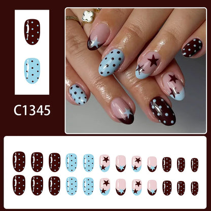 24pcs Five-Pointed Star Fake Nails Blue French Dark Brown Press on Nail Short Oval Polka Dot False Nail for Women&Girl Nail Art