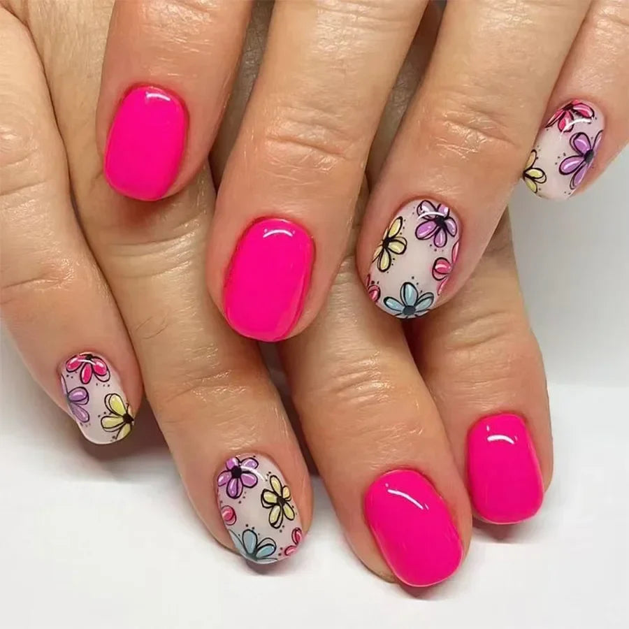 24pcs Short Square Press on Nails Jade Flower Sparkling Powder Designs Fake Nails with Glue Green Gradient Full Cover Nail Tips