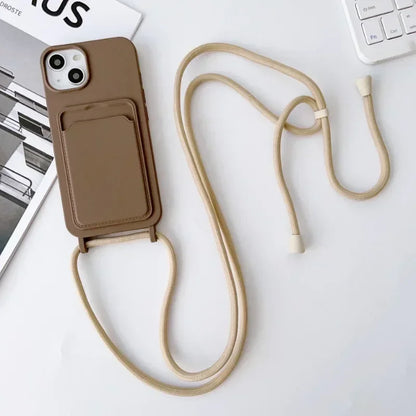 Soft Silicone Crossboby Lanyard Rope Fall Prevention Phone Case for IPhone 16 15 Pro Max 14 Plus 13 12 11 Card Slot Holder Cover