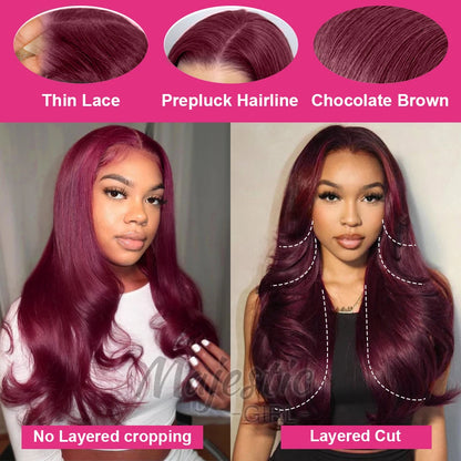 250 Density Dark Burgundy 9x6 Glueless Wigs Human Hair Ready To Wear Brazilian Colored Layer Cut Body Wave Wig Pre Cut Lace