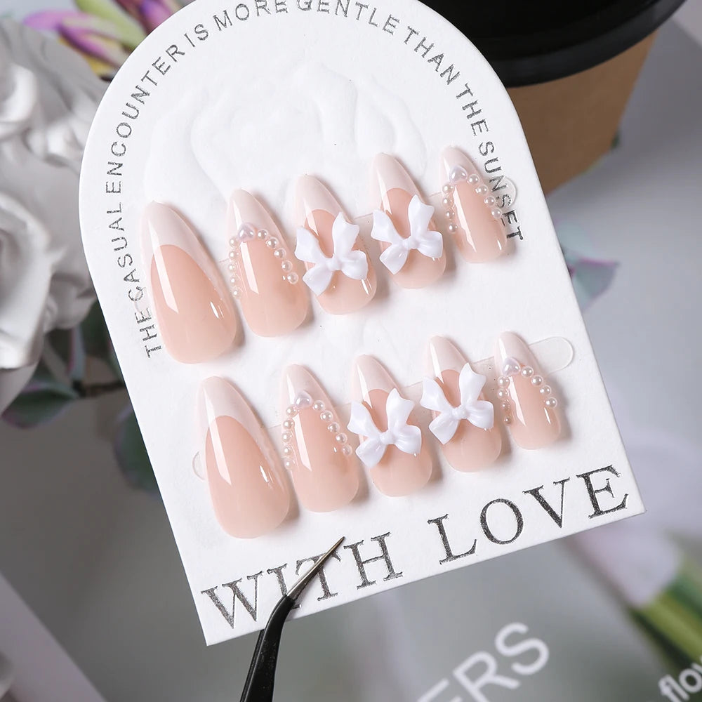 24Pcs Bow Pearl Press on Fake Nails Nude Pink Almond French Stick on False Nail Korean Sweet Girls Wearable Press on Nail + TOOL