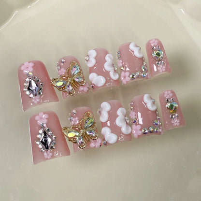 10pcs Pink Duckbill Handmade Press on Nails Art Simple White French Short Fake Nail Wearable Rhinestones Design False Nails Tips
