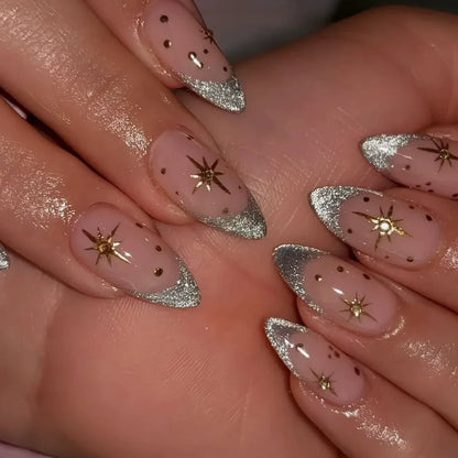 24Pcs Simple Glitter Almond False Nails with Glue Ballerina Nail Design Sweet Cool French Detachable Press on Nail Manicure Tips