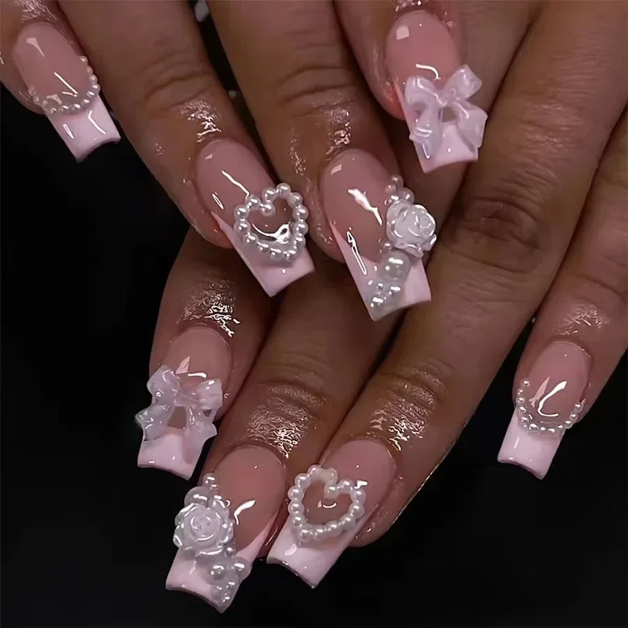 24Pcs Pearl heart Press on Nails Cross French Long Style Fake Nail for Women&Girl Removable Wearable Nail Art