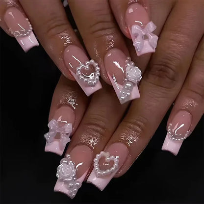 24Pcs Pearl heart Press on Nails Cross French Long Style Fake Nail for Women&Girl Removable Wearable Nail Art