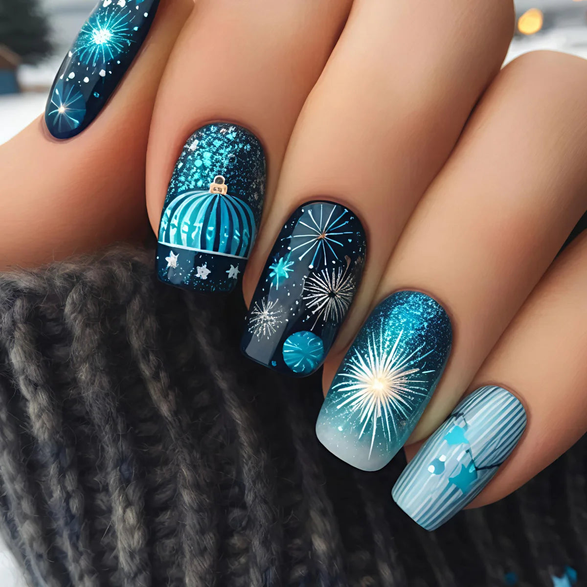 Medium Long fake nails for Christmas Black red blue nail tips white snowflakes fireworks Square almond tips press on false nails