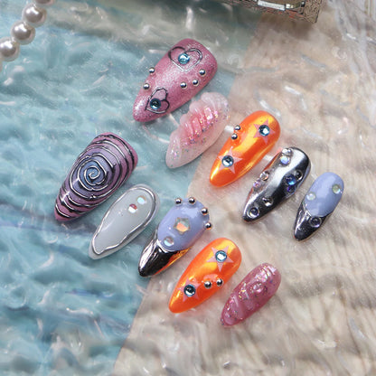 10pcs Handmade Press On Nails 3D Colorful Summer Sea Starfish Designs False Nail Patches For Women  Wearable Almond Fake Nails