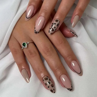 Leopard Print Ballet Fake Nails Art Almond False Nail Tip Charm Star Bowknot Flower Heart Cherry Pointed Press on Nails Manicure