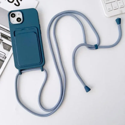 Soft Silicone Crossboby Lanyard Rope Fall Prevention Phone Case for IPhone 16 15 Pro Max 14 Plus 13 12 11 Card Slot Holder Cover