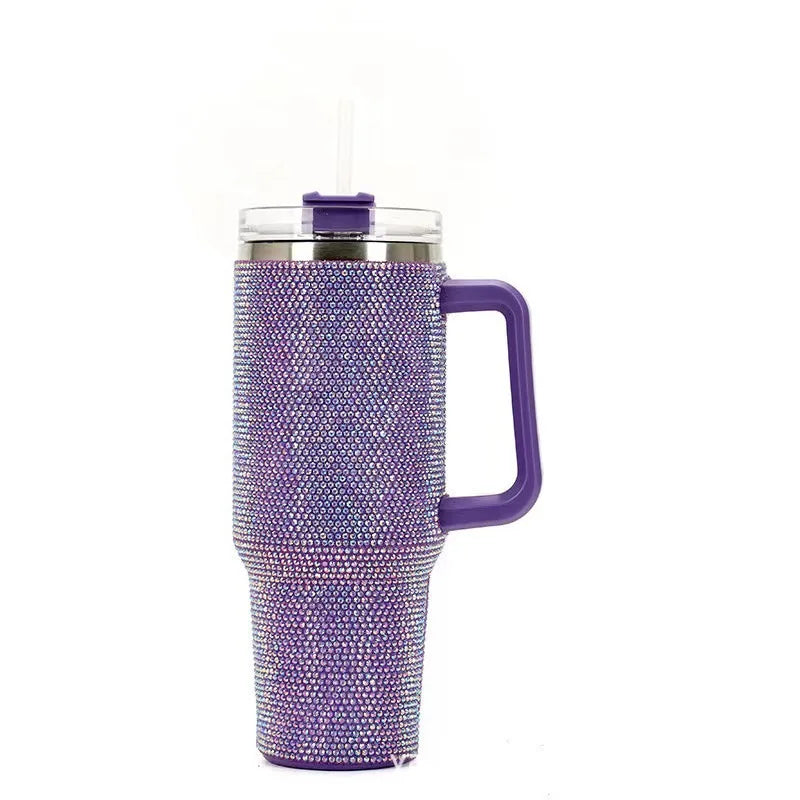 Diamond encrusted car cup coffee insulated cup 1200ml handle stainless steel straw Ice king cup portable insulated water bottle