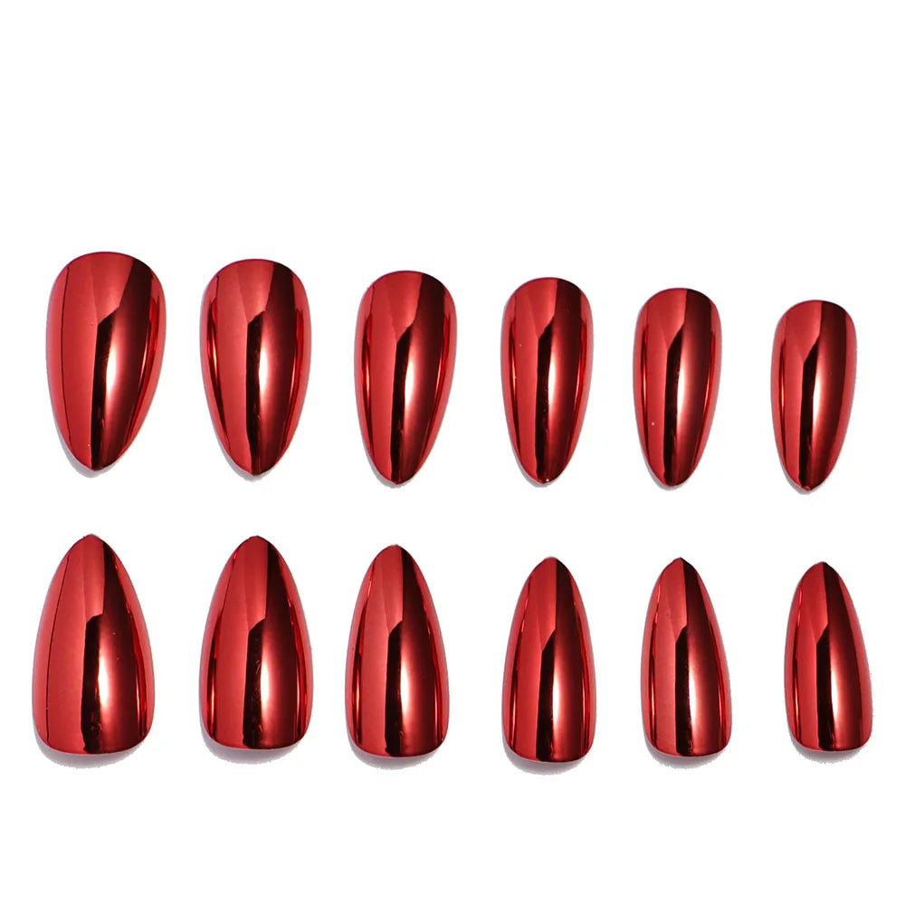24pc/set Medium almond fake nails metallic mirror red black purple blue golden tips faux ongles y2k press on acylic false nail