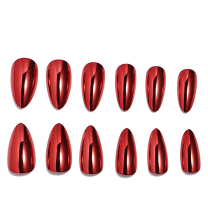 24pc/set Medium almond fake nails metallic mirror red black purple blue golden tips faux ongles y2k press on acylic false nail