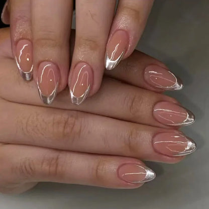 24Pcs Long Almond Fake Nails with White Edge Design Wearable French Press on False Nails Simple Full Cover Nail Tips Manicure