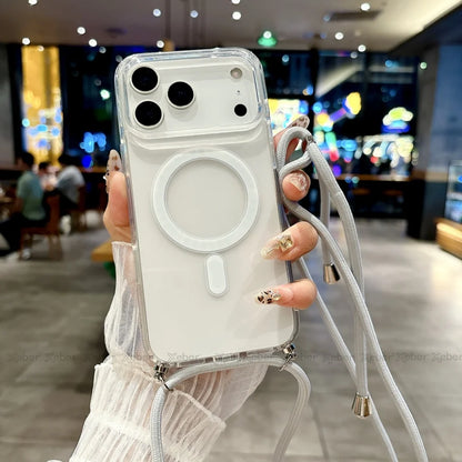 Crossbody Lanyard Necklace Rope Clear Case For iPhone 13 14 Plus 15 16 17 Pro Max For Magsafe Magnetic Wireless Charging Cover