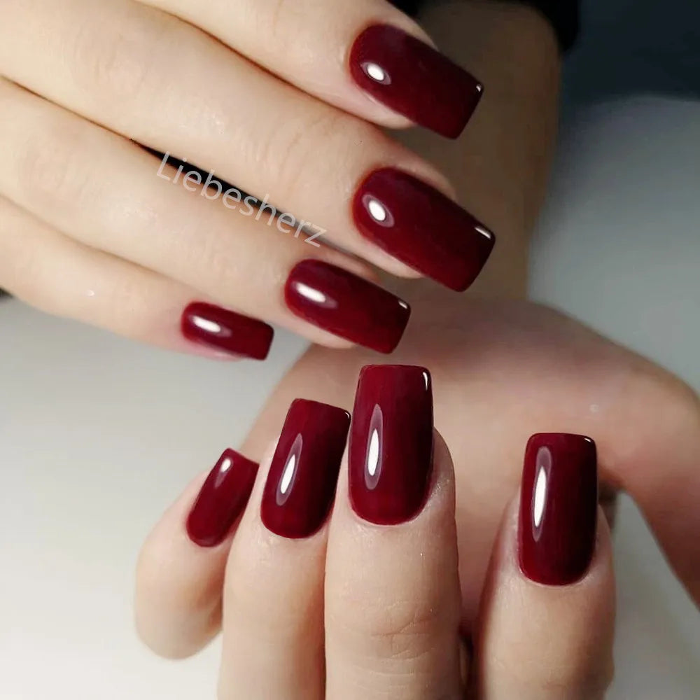 Artificial Press On Fake Nails Glossy Wine Red False Nail Long Square Reusable DIY Lady Fingernail Tip Manicure Tools