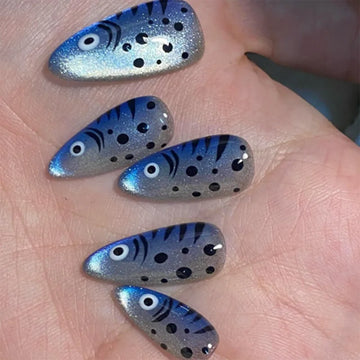 24Pcs Mid-length Almond Fake Nails Cat's Eye Deep Sea Blue Fish Design Press on False Nails Art Detachable Full Cover Nails Tips