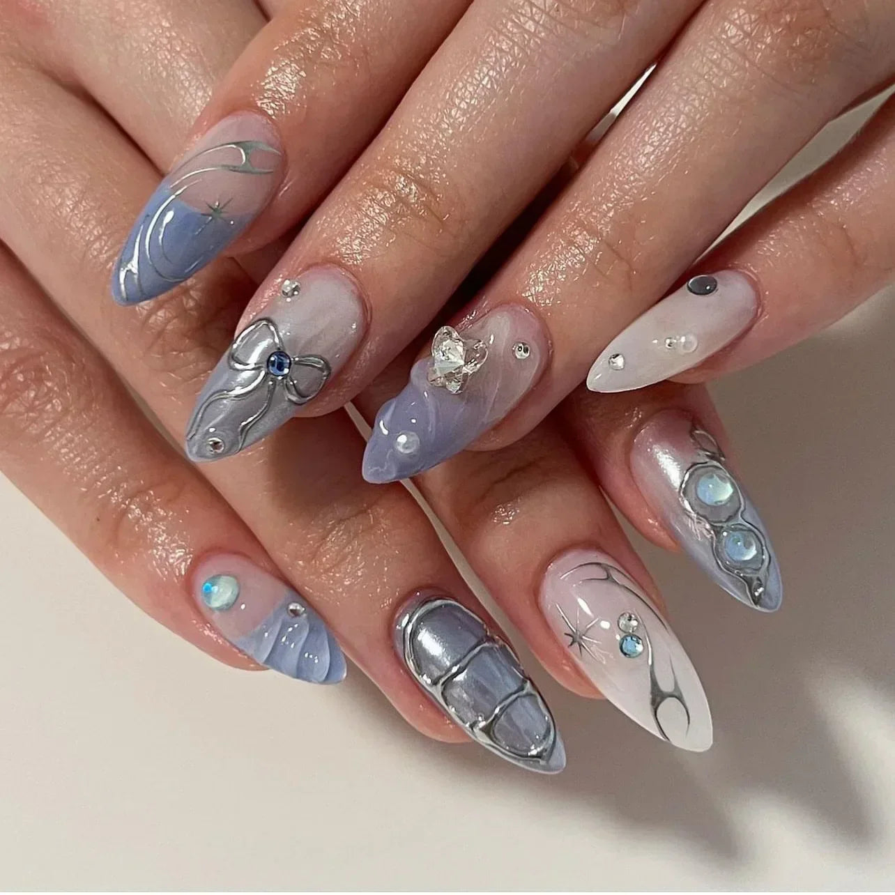24Pcs Almond Press-On Nails in Pink Cat Eye with Heart & Strawberry Designs – Glossy Acrylic Stick-On Nails for Women & Girls