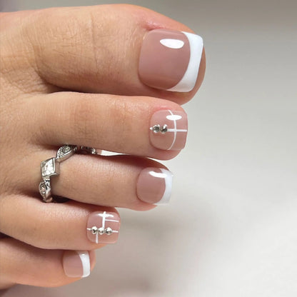 24 Pcs French Design Fake Toe Nail Press on Toe Nail Summer False Nails Acrylic Reusable Toe Nail Decorated Nails With Tool Kit