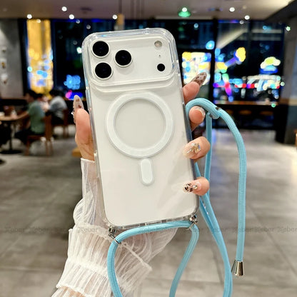 Crossbody Lanyard Necklace Rope Clear Case For iPhone 13 14 Plus 15 16 17 Pro Max For Magsafe Magnetic Wireless Charging Cover