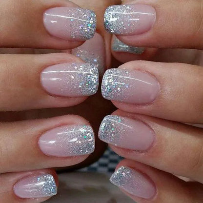 24Pcs Shiny Pearl Wearable False Nails Short Square Fake Nail Simple Summer Press on Nails Detachable Full Cover Nail Tips