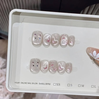10pcs Handmade Wearable Nails Short Ballet Shape Fashion Light Pink Cat Eye Cute Kitten Claw with Heart False Nails for Party