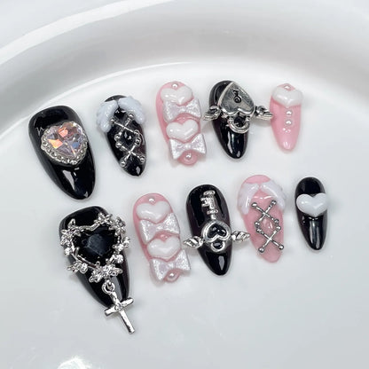 10pc Stiletto Almond Press On Nails Dark Black Fake Nails With Butterfly Star Design Hot Girl Detachable Full Cover Nail Art Tip