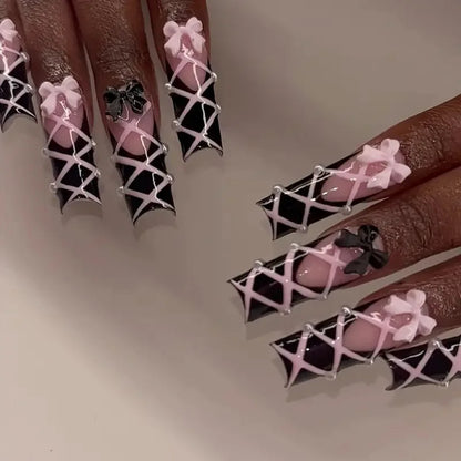 24pcs Long Ballet Press On Nails Black Cross Strap French Style Fake Naile With 3D Bowknot Decor Korean Reusable False Nail Tips