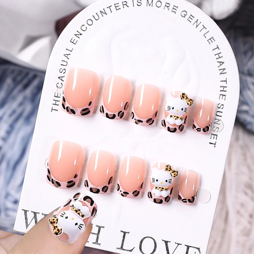 24Pcs Pink French Leopard Hello Kitty False nails 3D Y2k Star Heart Kitty Cat Rhinestones Press On Nails Cute Cartoon Fake Nails