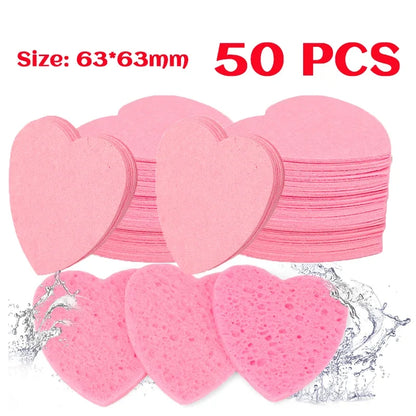 200Pcs Compress Face Wash Puff Reusable Heart Shape Sponges Face Cleansing Pads Strong Water Absorption Natural Wood Pulp Cotton