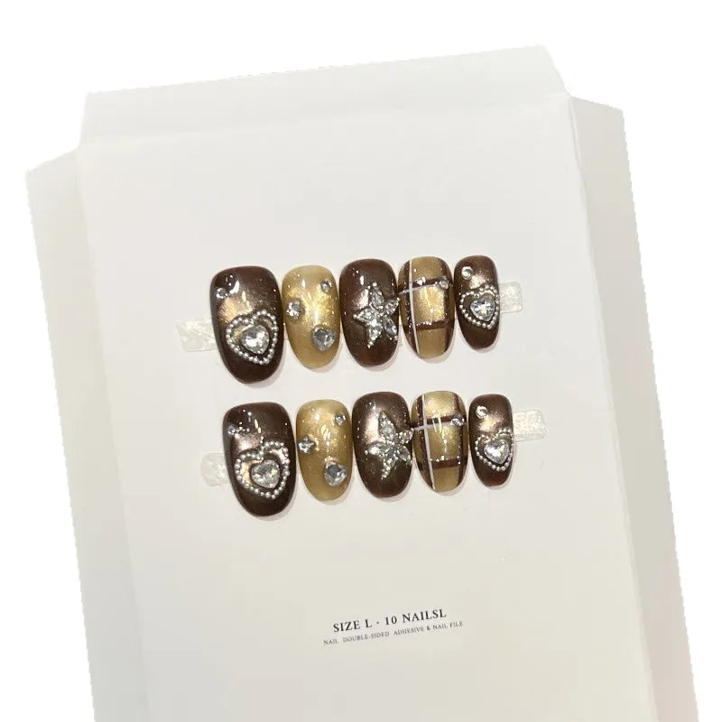 10Pcs Handmade Nail Adorable Short-Length Coffee-Brown Cat-Eye Zirconia Heart-Shaped Press-On Nails Perfect Gift for Women