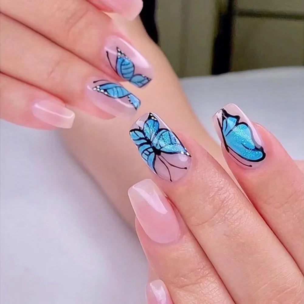 24PCS Shiny Pearl Wearable False Nails Short Square Fake Nail Simple Press on Nails Detachable Full Cover Nail Tips With Glue