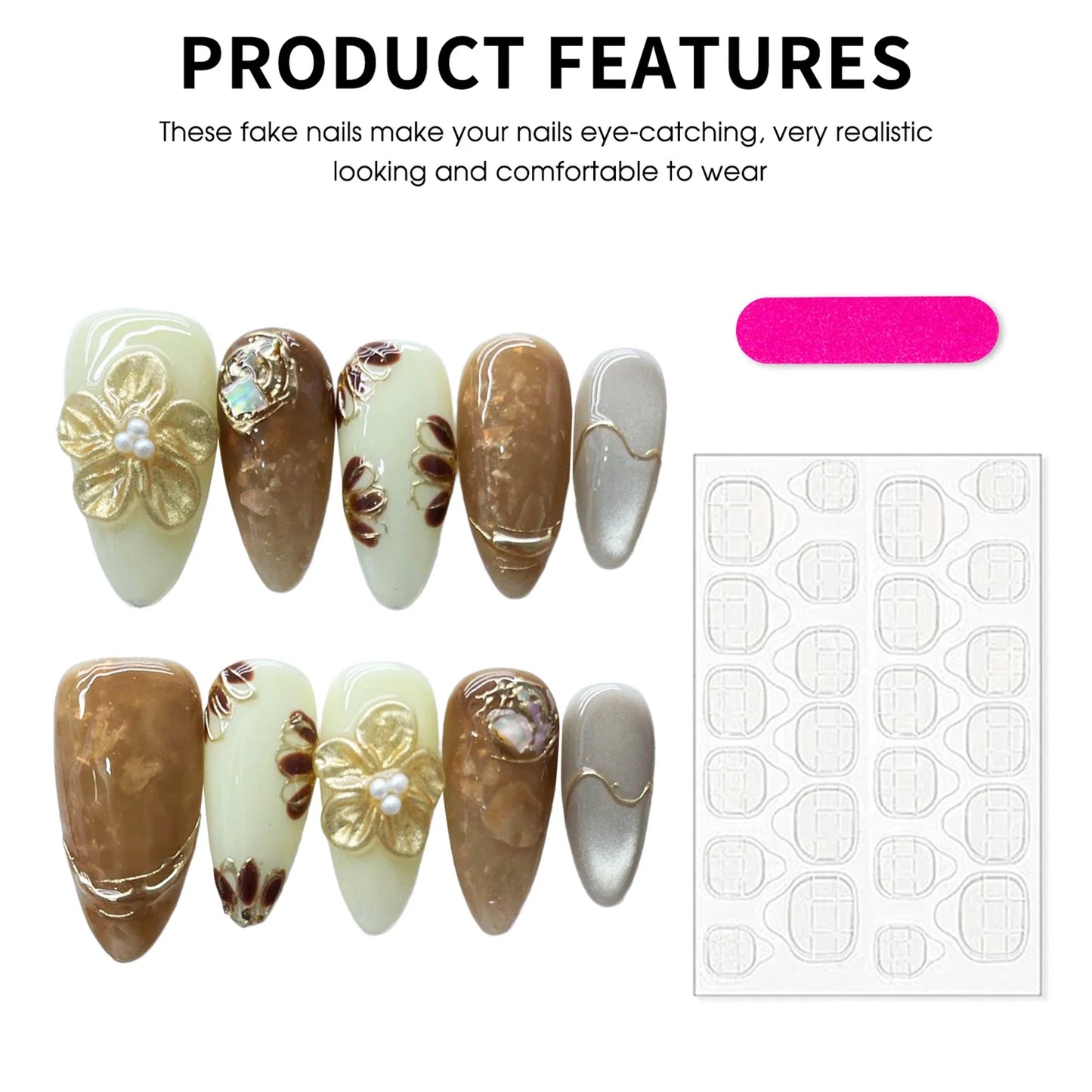 10PCS Handmade Almond Fake Nails With Carved 3D Floral Cat Eyes Pearl Brown Fake Nails Long Oval False Nail Wearable