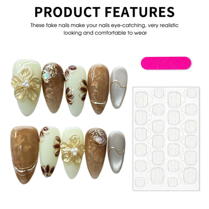 10PCS Handmade Almond Fake Nails With Carved 3D Floral Cat Eyes Pearl Brown Fake Nails Long Oval False Nail Wearable