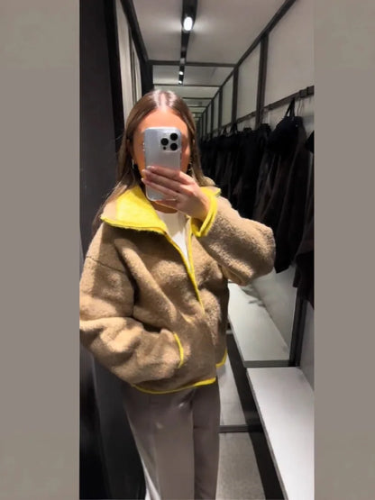 Fashion Contrasting Knitted Cardigan for Women Elegant Long Sleeve Pockets Zipper Sweater 2026 Spring Street Lady Chic Outwear