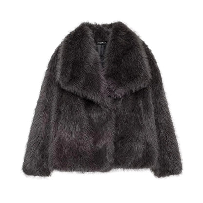 KONDALA 2025 Fall Winter Casual Faux Fur Brown Women Warm Jackets Streetwear Turn Down Collar Christmas Oversized Elegant Coats