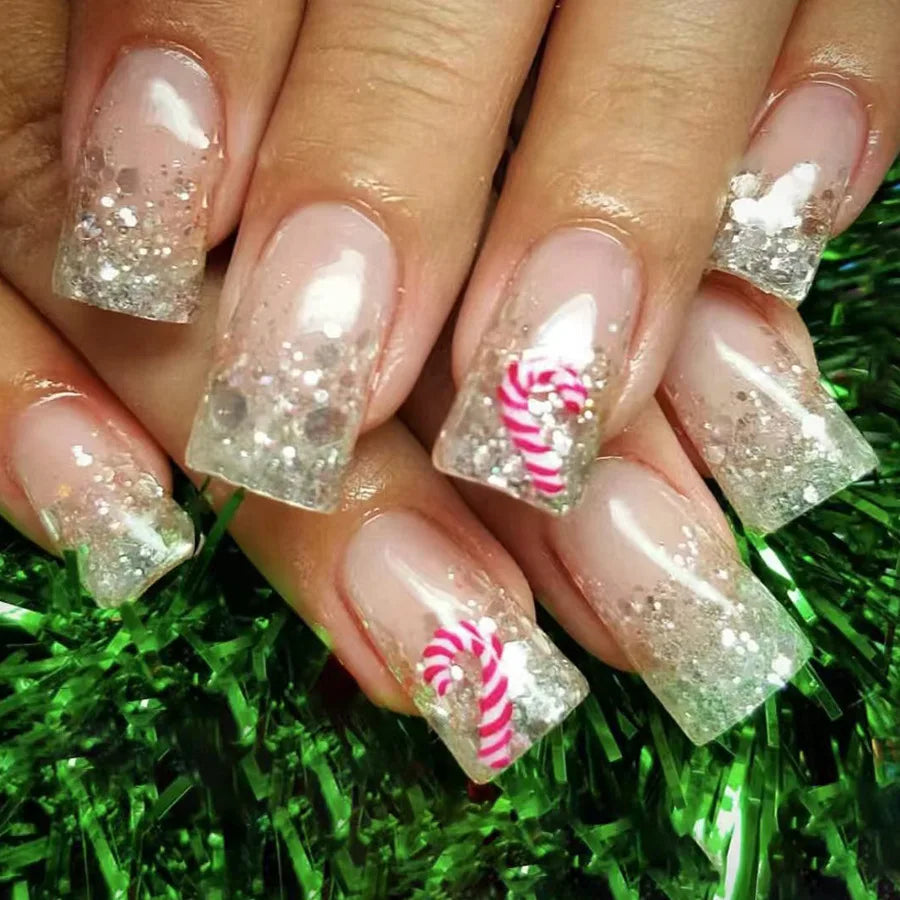 24pcs/set short fake nails for Christmas Square ballet winter false nail tips snow flakes christmas tree snowman press on nails