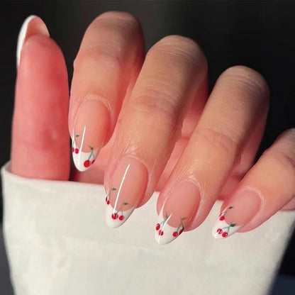24Pcs Long Almond Fake Nails with White Edge Design Wearable French Press on False Nails Simple Full Cover Nail Tips Manicure