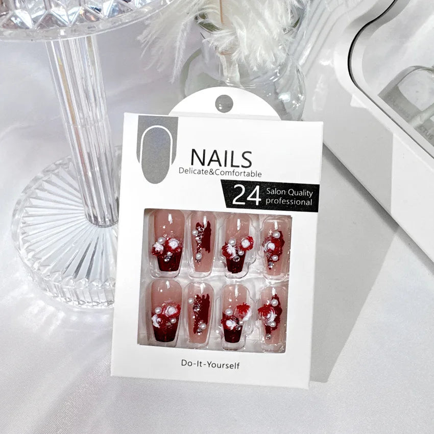24pcs Red Rose Fake Nails Long Flower Ballet Press on Nails Design French False Nail Full Cover Wearable Fake Nail Tips Art