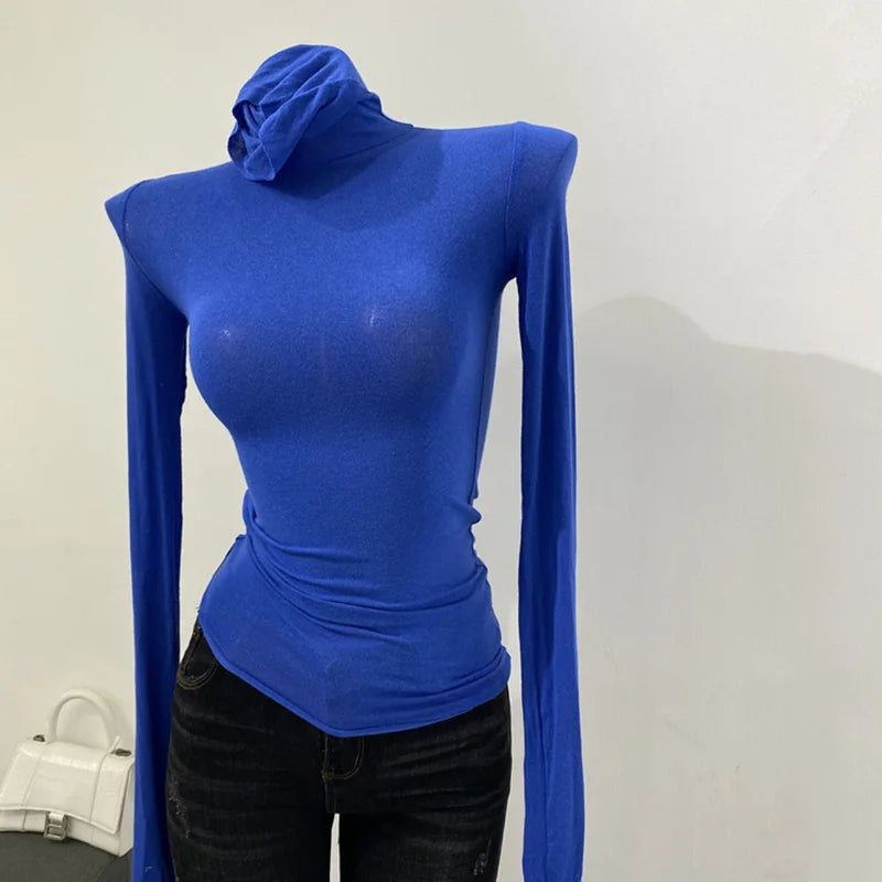 Korean style standing collar long sleeved T-shirt, high collar bottom shirt, women's slim fit slightly transparent top