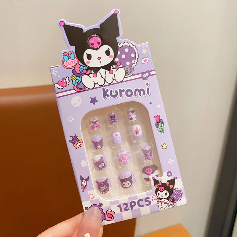 12pcs Kids 3D Stereo Sanrio Fake Nails Patch Sweet Girls Cute Cartoon Hello Kitty press on nails Kuromi Child Wearable FalseNail