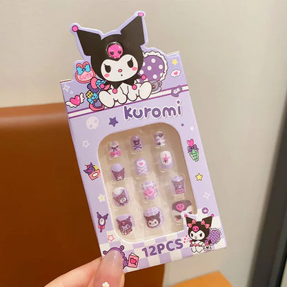 12pcs Kids 3D Stereo Sanrio Fake Nails Patch Sweet Girls Cute Cartoon Hello Kitty press on nails Kuromi Child Wearable FalseNail