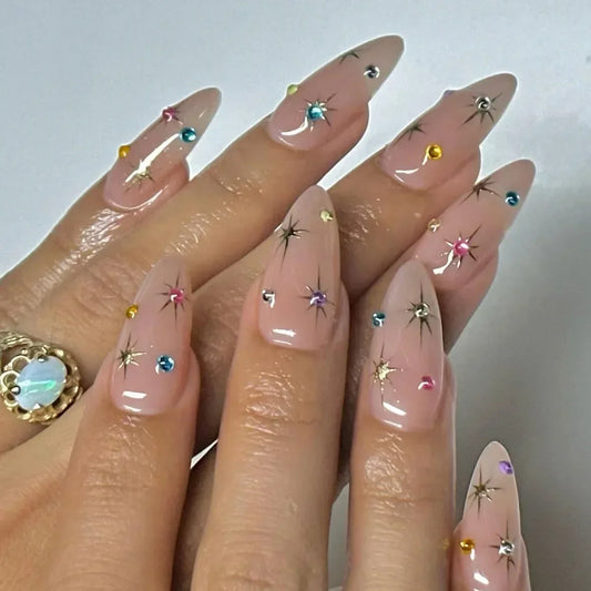 24Pcs Stiletto Press on Nails Glitter Almond False Nails French Tip Fake Nails with Glue Detachable Full Cover Acrylic Nail Tips