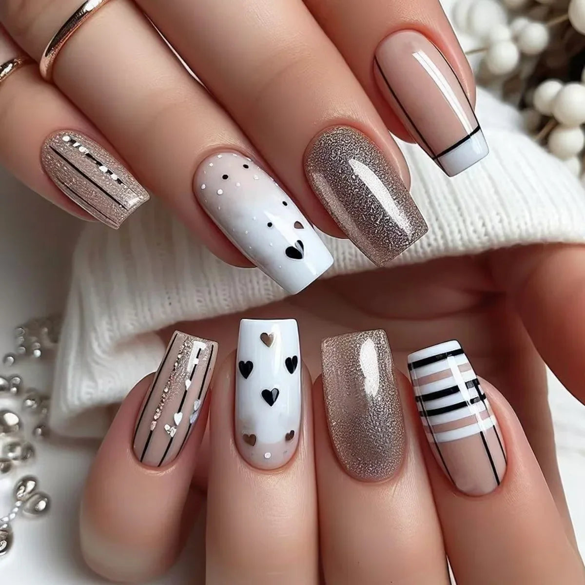 24Pcs Fashion Fake Nails Press on Long Ballet False Nails Art with Flower Design Brown Detachable Full Cover Nail Tips Manicure