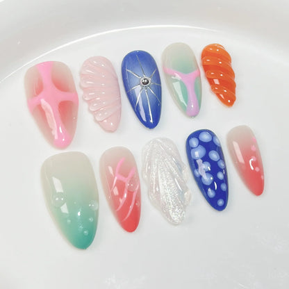 10pcs Handmade Press On Nails 3D Colorful Summer Sea Starfish Designs False Nail Patches For Women  Wearable Almond Fake Nails