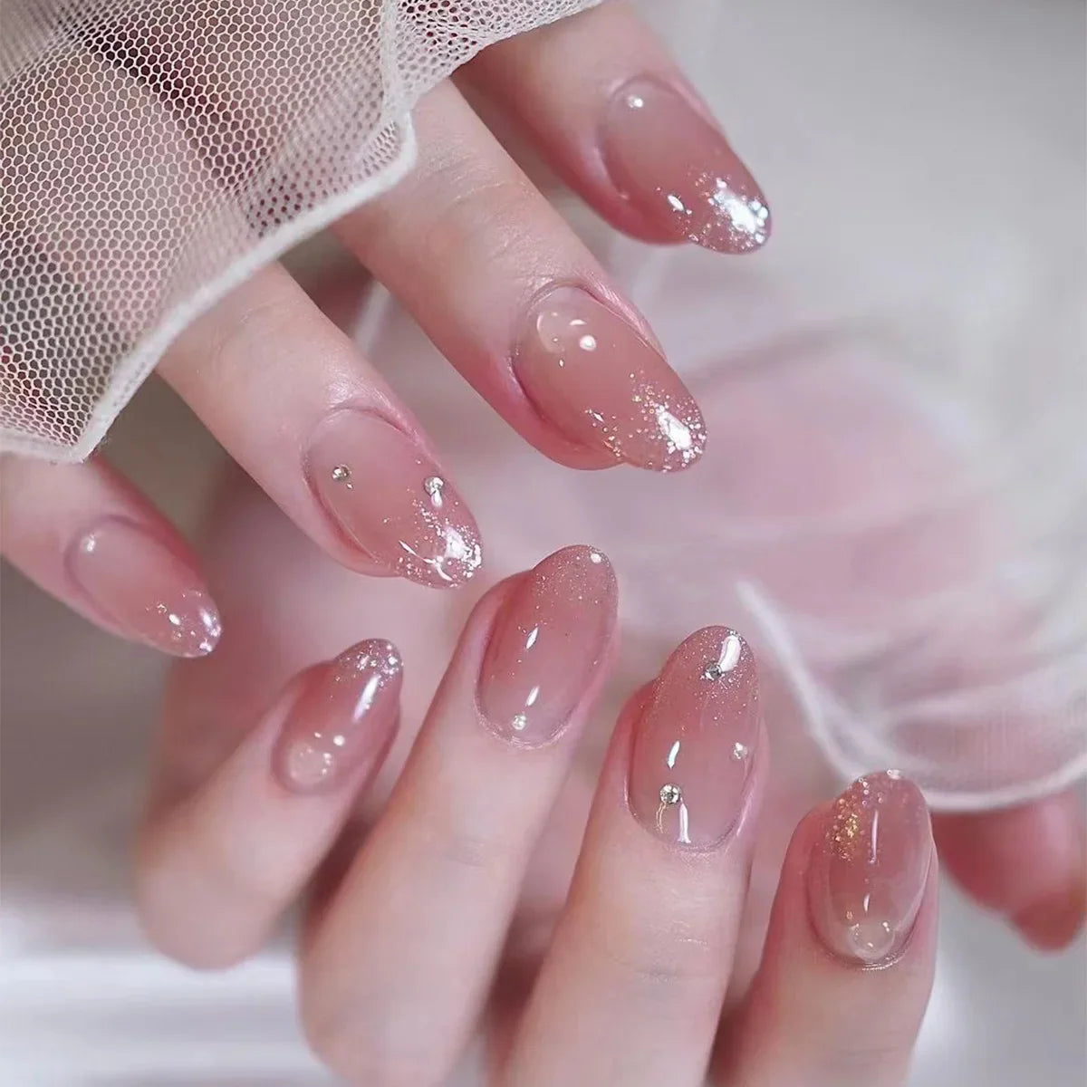 24pcs Pink Fake Nail Patch Sweet Korean Style False Nails Full Cover Wear White Bow Decortive Press on Nails for Girls Women