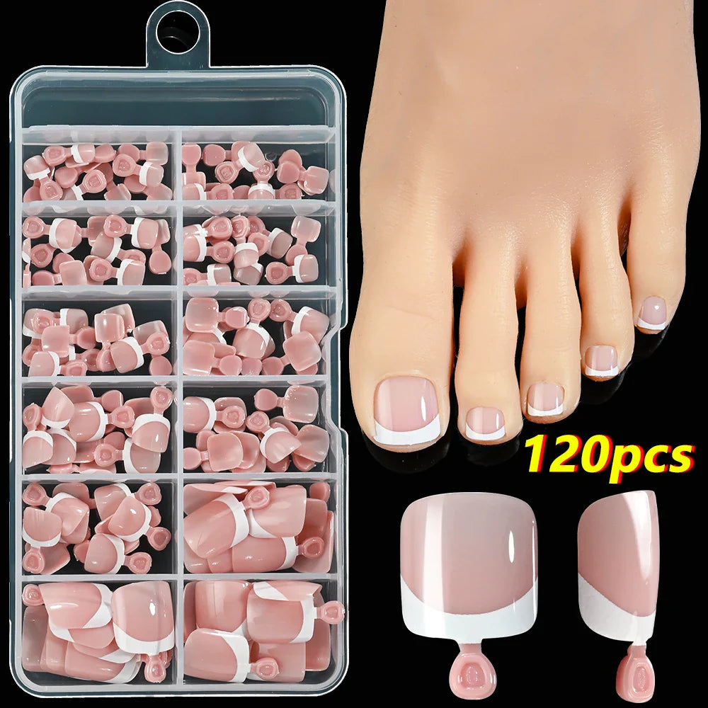 120Pcs French Short Square Artificial Press On Toenails Nude Pink Full Cover False Toe Nails Fake Toe Nail Extension For Women